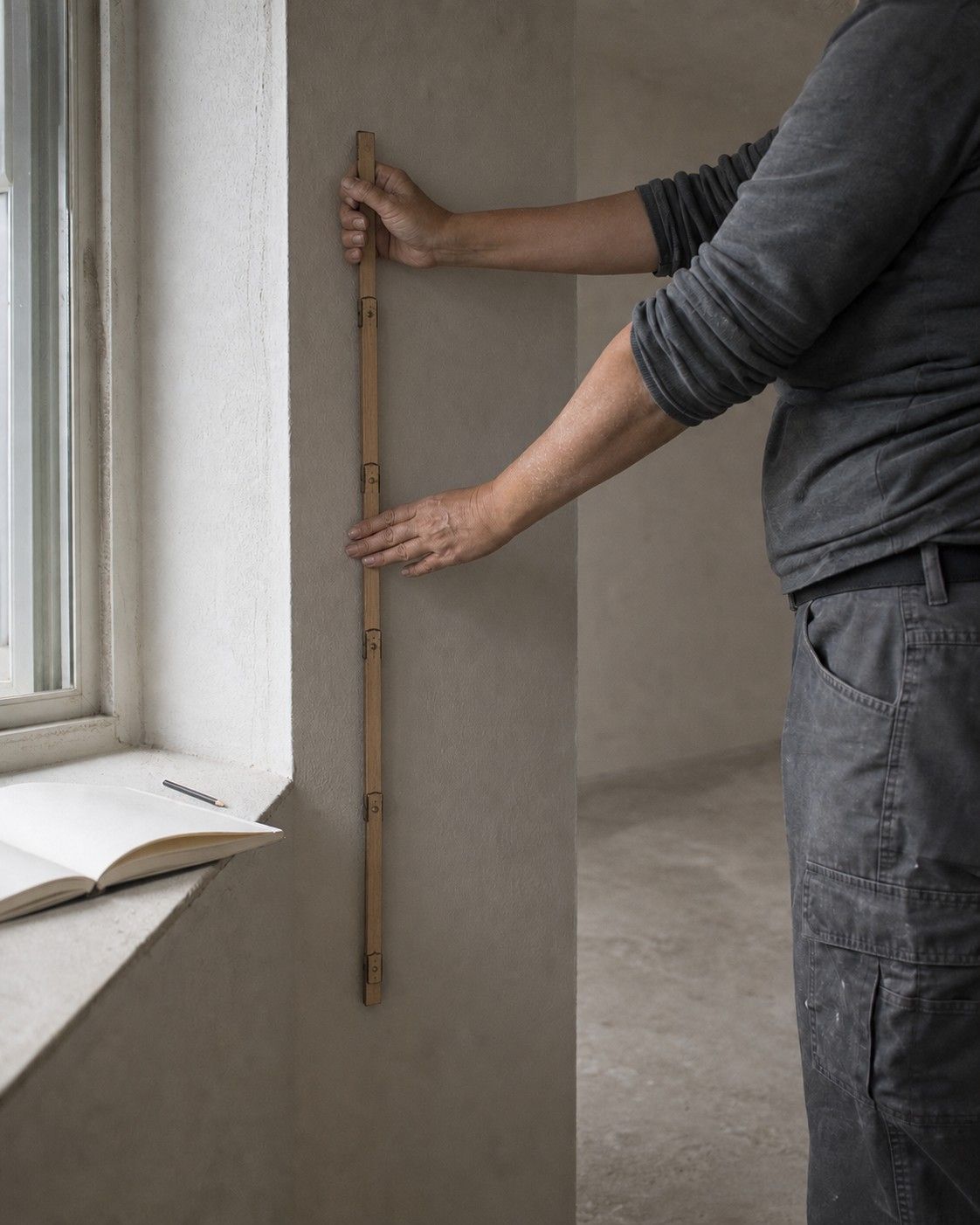 Aufmaß in einem leeren Raum: eine Person hält einen Zollstock an die Wand, daneben Notizen auf dem Fensterbrett