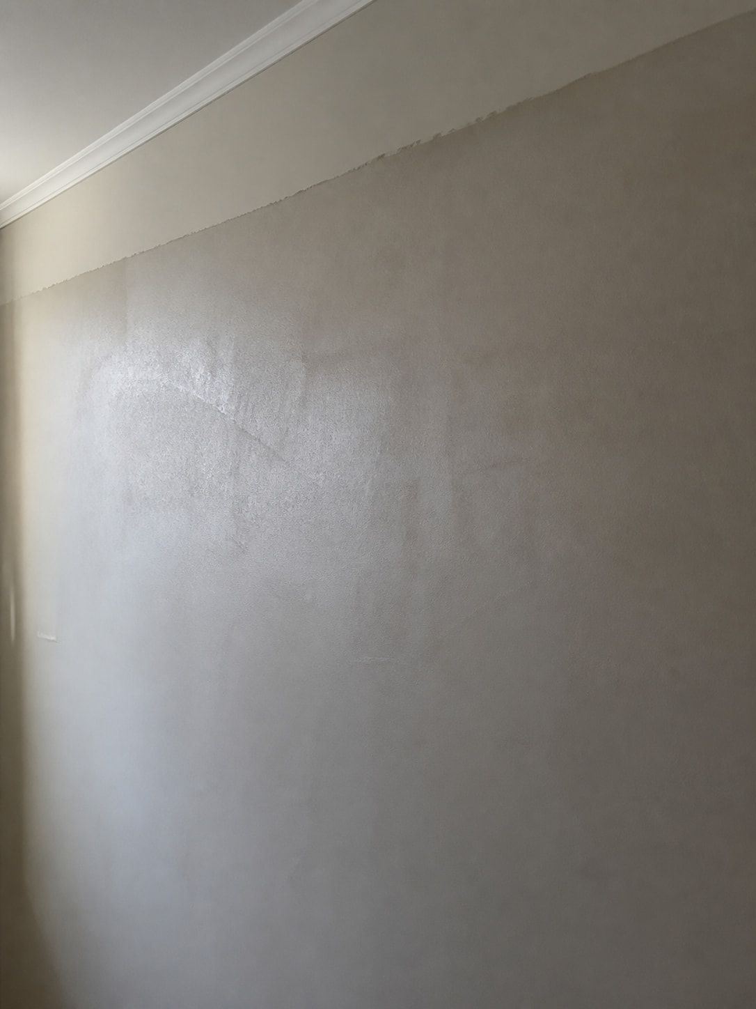Nahaufnahme von frisch aufgezogenem Glättputz an einer Innenwand