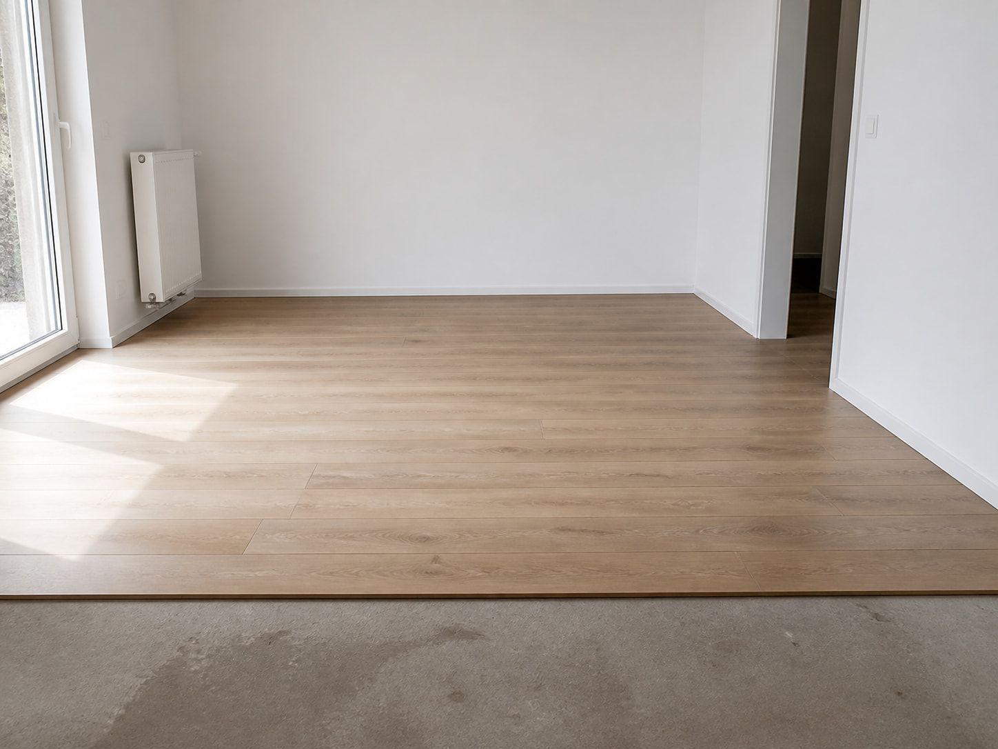 Frisch verlegter Holzdielenboden in einem leeren, hellen Raum, im Vordergrund die Kante zum vorbereiteten Untergrund