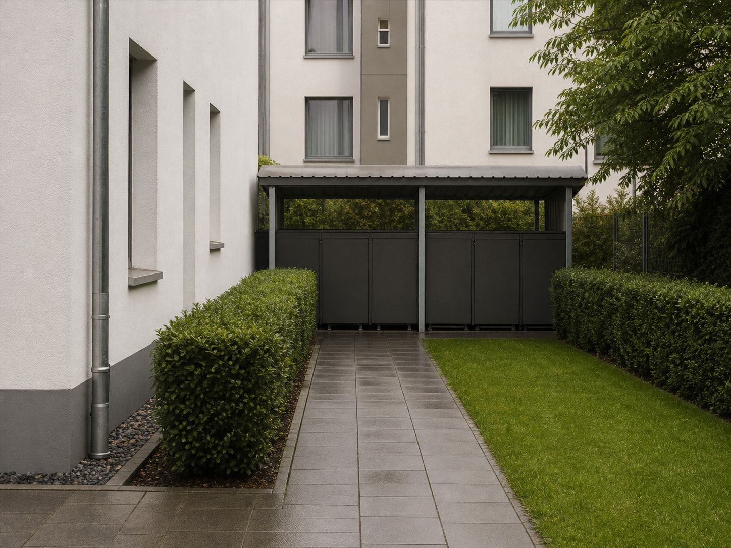 Gepflegter Innenhof eines Wohngebäudes mit sauberen Wegen, Grünstreifen und geordnetem Müllstandsplatz