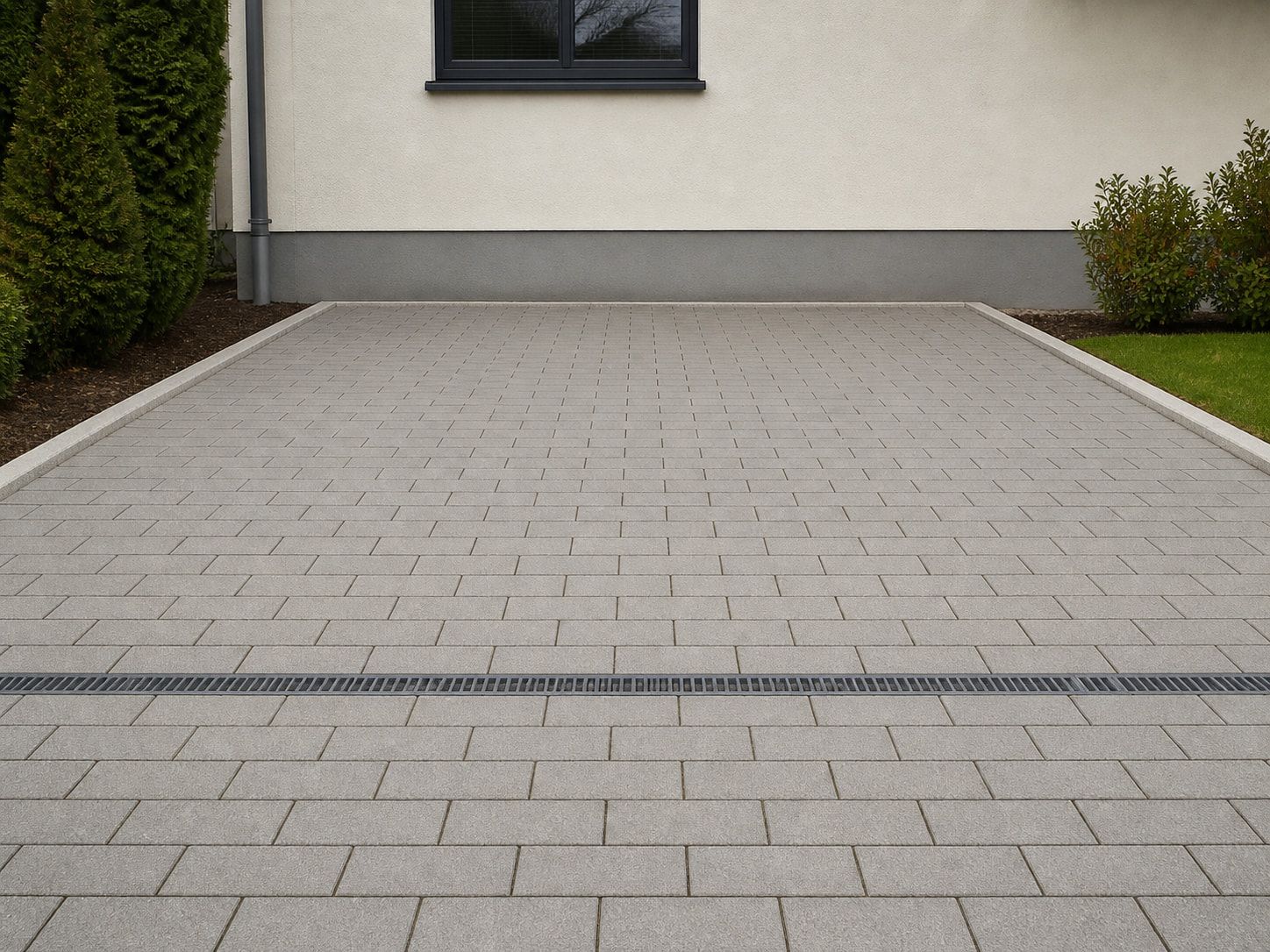 Neu gepflasterte Hofeinfahrt aus Betonsteinen mit sauberer Randeinfassung und Entwässerungsrinne
